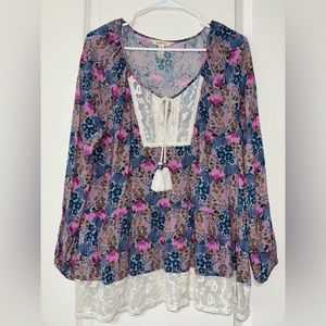 Matilda Jane Boho Baby Doll Tiered Colorful Lace Blouse Top Size Medium